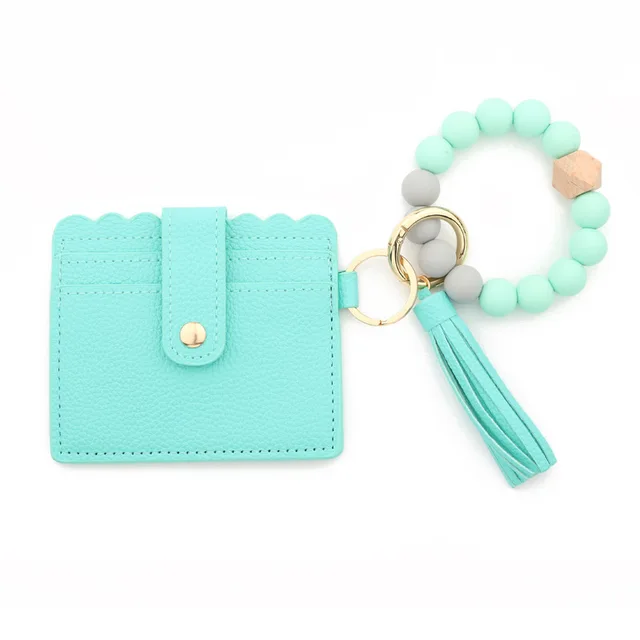 Beaded leather wallet wristlet keychain